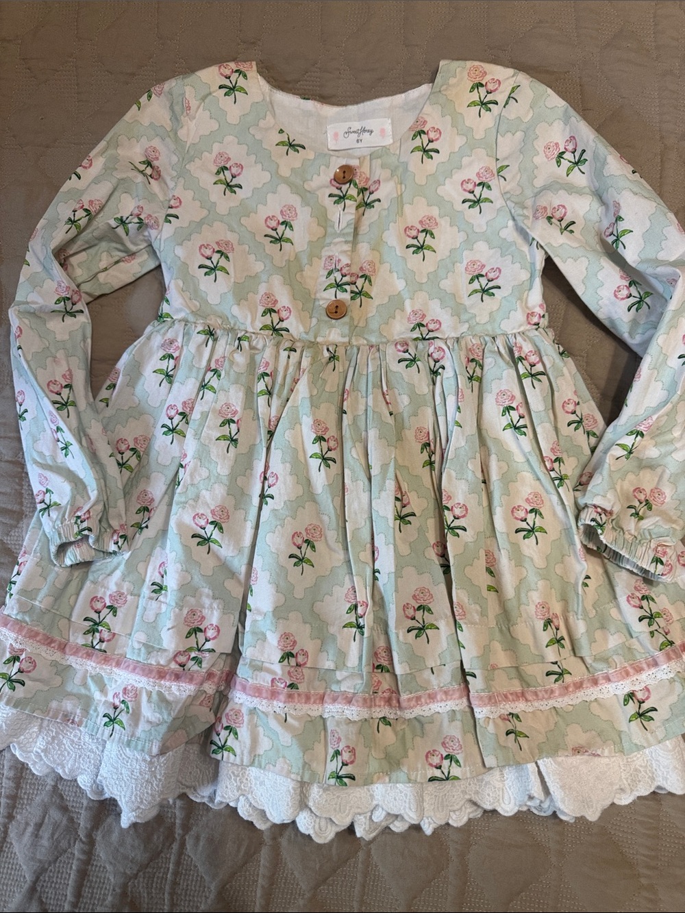 SweetHoney Mint Floral Girls Dress with Pink Rose Details Twirl with Lace Detail